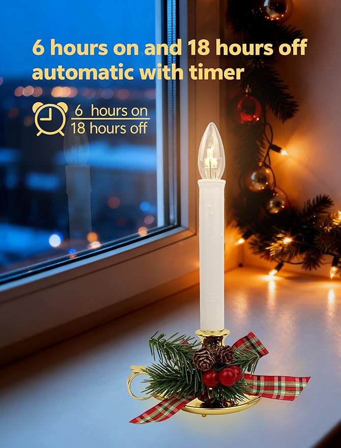 Set of 4 Decorated Christmas Window Candles, Gold Handle Base & Festive Berries for Holiday Home Décor (Batteries Not Included，Features a Built-in Automatic Timer)