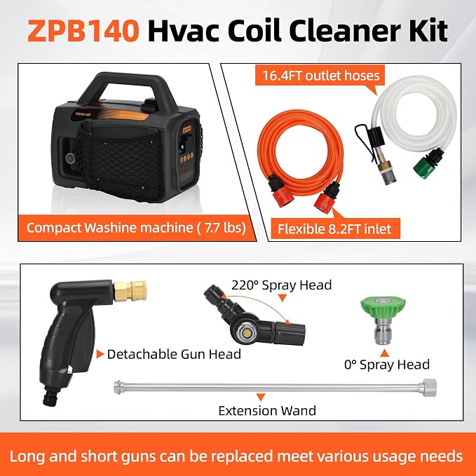 ZPB140 HVAC Coil Cleaning Sprayer, Blaster Coil Jet Pressure Washer | for AC 120V 80W Indoor & Outdoor Cleaning, Flow Rate 4L/min, Working Pressure 0.7-1.0MPa