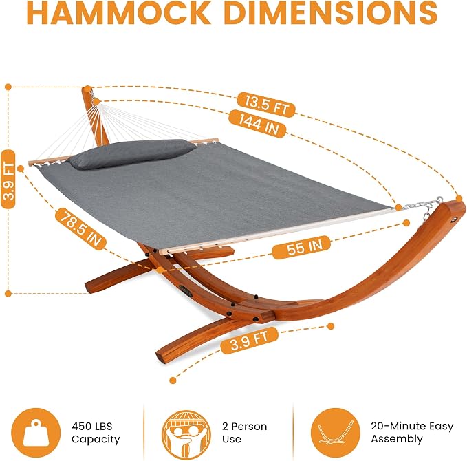 Lazy Daze Hammocks Sunbrella Fabric Hammock with 13FT Wood Arc Stand, 2 Person Outdoor Hammock Combo with Free Pillow, All Weather & Fade Resistant, for Indoor Patio Yard, 450 lbs Capacity, Cast Slate