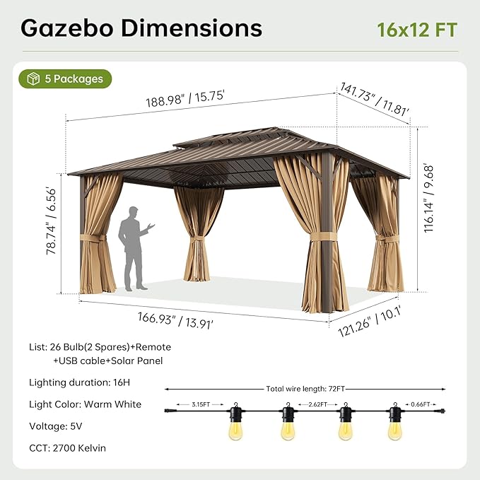 12x16FT Hardtop Gazebo with 72FT Solar String Lights, Metal Frame with Double Galvanized Steel Roof, Permanent Outdoor Pergola for Backyard, Patio, Lawn and Garden, Brown