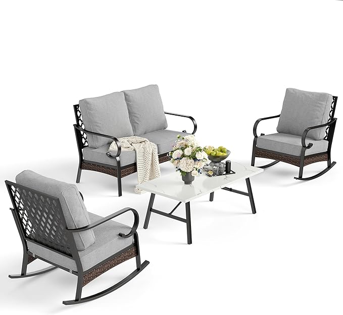 4 Piece Metal Outdoor Patio Furniture Sets, Patio Conversation Sets 1 Loveseat, 2 Rocking Sofa with 5.75" Extra Thick Cushion & Coffee Table, Balck Frame Backyard Furniture, Light Gray