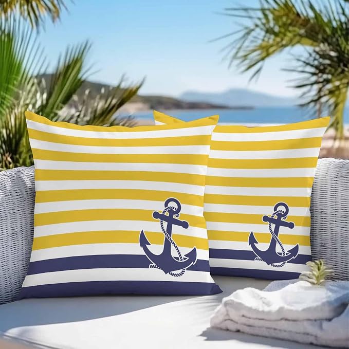 Throw Pillow Covers 24x24 Inch Set of 2, Yellow Striped Waterproof Outdoor Cushion Covers, Navy Blue Nautical Anchor Geometric Decorative Pillowcases for Couch, Sofa, Bed, Garden, Patio