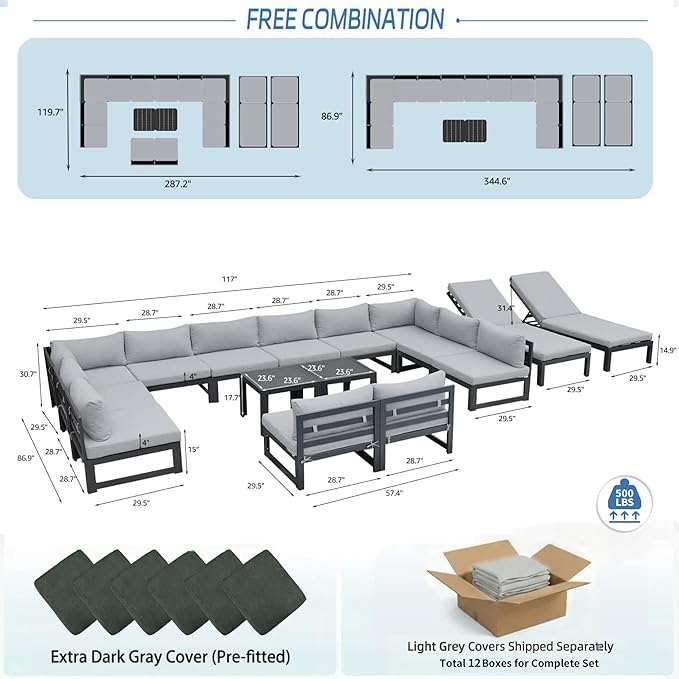 NICESOUL 14-Person Luxury Aluminum Outdoor Sectional Sofa Set with Chaise, 500lbs Heavy Duty Modular Patio Furniture, 29" Wide Deep Seating All-Weather Conversation Set for Poolside, Light Gray