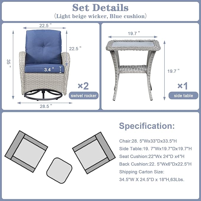 Belord Patio Wicker Chairs Swivel Rocker - Outdoor Swivel Rocking Chairs Set of 2 with Rattan Side Table,3 Piece Patio Swivel Glider Chair Furniture Sets for Patio Porch Pool Light Beige/Blue