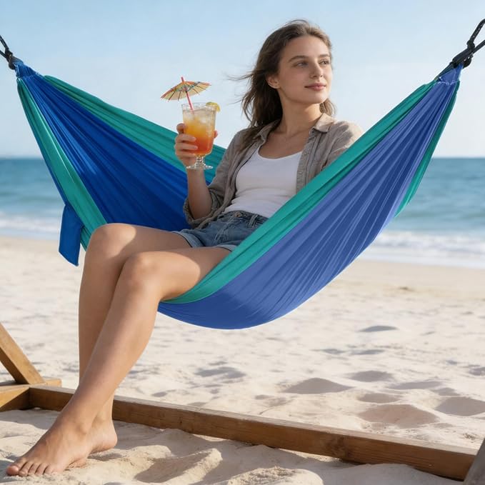 PeakPursuit Camping Double Hammock, Portable Hammock with Tree Straps, Tree Hammocks, Perfect for Outside Indoor Hiking Beach Backpack Travel, Blue