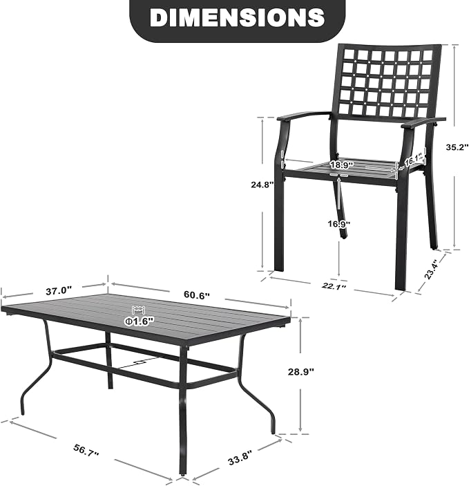 NUU GARDEN Outdoor Patio Dining Set, Black Powder-Coated Finish, 6 Dining Chairs and 61'' x 37'' Rectangle Dining Table with 1.57'' Umbrella Hole, Iron Frame, for Outdoor and Indoor Space
