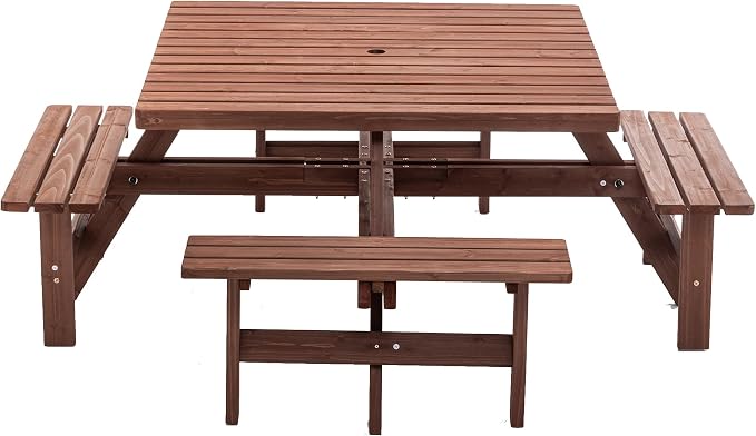 8-Person Square Picnic Table with Umbrella Hole, Waterproof & Sturdy Cross Structure, Outdoor Dining Set for Backyard, Garden, Camping, Easy Clean