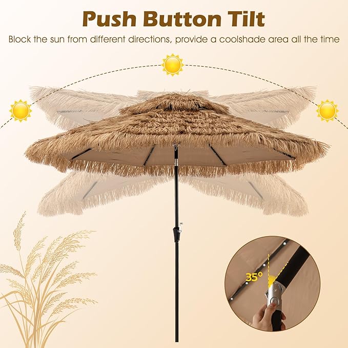 Tangkula 10 ft Thatched Patio Umbrella, 2 Tier Hawaiian Style Grass Beach Umbrella with 32 Led Lights, Center Light, Solar Tiki Umbrella with 8 Ribs, Tilt Adjustment, Manual Crank for Backyard, Poolside, Deck
