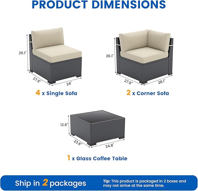 Patio Furniture Sets, 7-Piece Outdoor Patio Furniture with Thick Cushions,Coffee Table Outdoor All-Weather Conversation Set Sectional Sofa for Backyard, Poolside, Garden(Khaki)