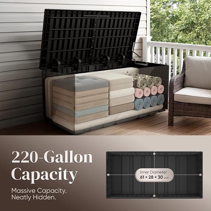 Quictent 220 Gallon Resin Deck Box, Heavy Duty Outdoor Storage Bench, Weatherproof Waterproof Lockable Container for Patio Furniture, Cushions, Pool & Garden Supplies