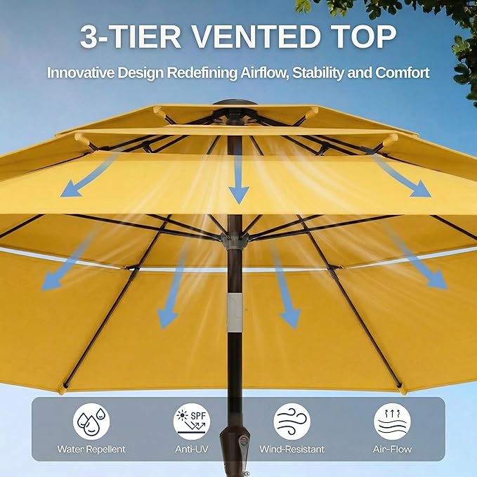 10ft Patio Umbrella, 3 Tier Outdoor Market Table Umbrellas with 8 Fiberglass Ribs and Push Button Tilt, Windproof, Vented Canopy, UV Protection for Deck, Pool, Backyard