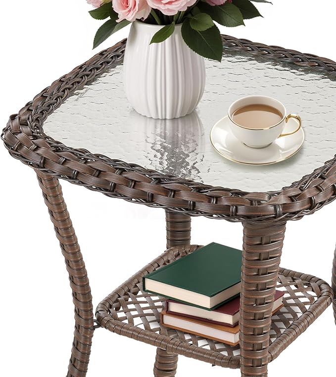 Patio Tables Wicker Side Table, Outdoor End Table with Storage Shelf, Patio Furniture Side Table for Sofa, Swivel Chairs, Garden, Balcony - Dark Brown