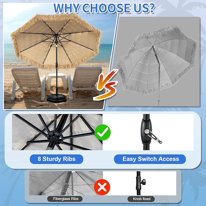 8FT Tiki Umbrella, Umbrella Outdoor Patio UV-Stability, Hawaiian Style Outdoor Umbrellas for Patio 8 large Ribs, Thatched umbrellas with Push Button Tilt and Crank Lift for Tiki Bar, Pool, Beach, Natural