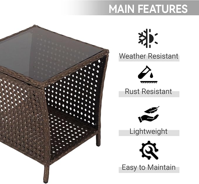 Outdoor Side Table - Patio Rattan End Table with Square Glass Tabletop, Wicker Outdoor Side Table with Extra Storage Shelf for Garden, Backyard, Porch, Black Gold