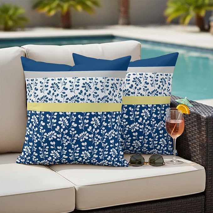 Blue Yellow Outdoor Pillow Covers 26x26 Inch Throw Pillow Covers Set of 2 Waterproof Decorative Pillow Cases Botanical Floral Motifs Wildflower Striped Cushion Covers for Patio Furniture Garden Couch