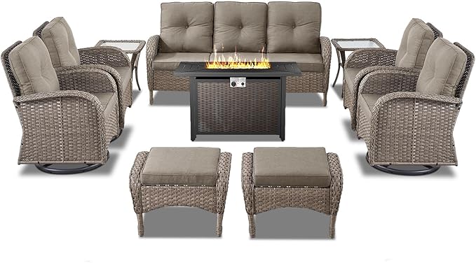 Belord Expansive 10 Pieces Outdoor Patio Furniture Set with 43” Propane Fire Pit Table, Patio Conversation Set with Swivel Rocker Outdoor Chairs Set of 4 and Sofa, Ottoman and Wicker Side Table Gray