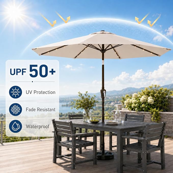 10FT Solar Patio Umbrella with Lights, Outdoor Table Market Umbrella with 32 LED Lights, 8 Sturdy Ribs, Push Button Tilt and Crank for Pool, Deck and Garden, UV-Resistant