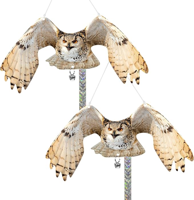 Owls to Keep Birds Away: 2Pcs Fake Owl with Reflective Tape for Garden Patio, Reflective Hanging Decoration to Keep Birds Pigeon from Windows Tree