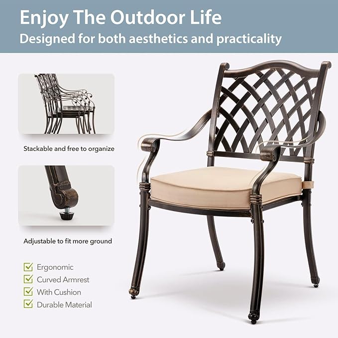 7-Pcs Cast Aluminum Patio Dining Set,59" Rectangular Table,Bronze | Outdoor Furniture Set Include Dining Table and 6 Stackable Chairs with Cushions & Umbrella Hole