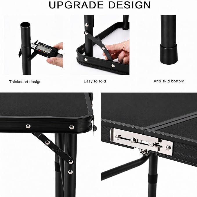 YUFIFAIRY Small Folding Table Portable, 24''L x16''W Foldable Camp Table with 3 Adjustable Height, Indoor Outdoor Lightweight Aluminum for Outdoor Cooking Picnic All Black Table(10"/19"/27.5"