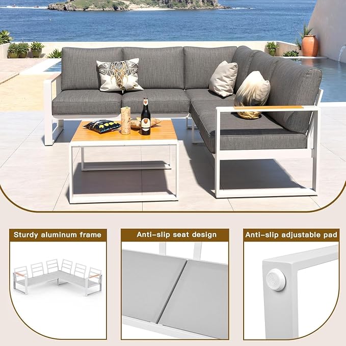 Patio Furniture Set, Aluminum Outdoor Couch L Shaped Patio Sofa Set, All-Weather Modern Patio Couch Sofa and Teak Desktop Aluminum Table for Patio, Porch, Backyard (White Frame/Dark Grey Cushion)