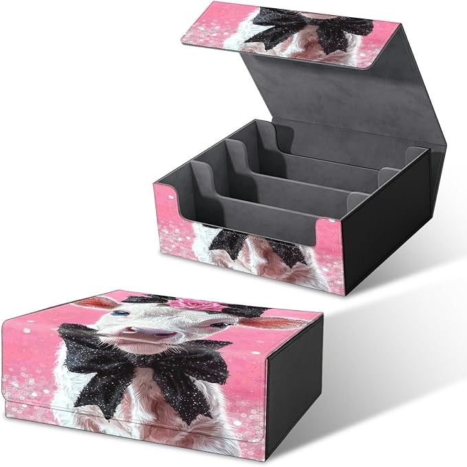 Large Card Deck Box for MTG, Fits 1200+ Sleeved Cards, PU Leather Storage Case with Strong Magnetic Closure, Multiple Colors for TCG CCG Baseball Card Collections, Pink Flower White Cow