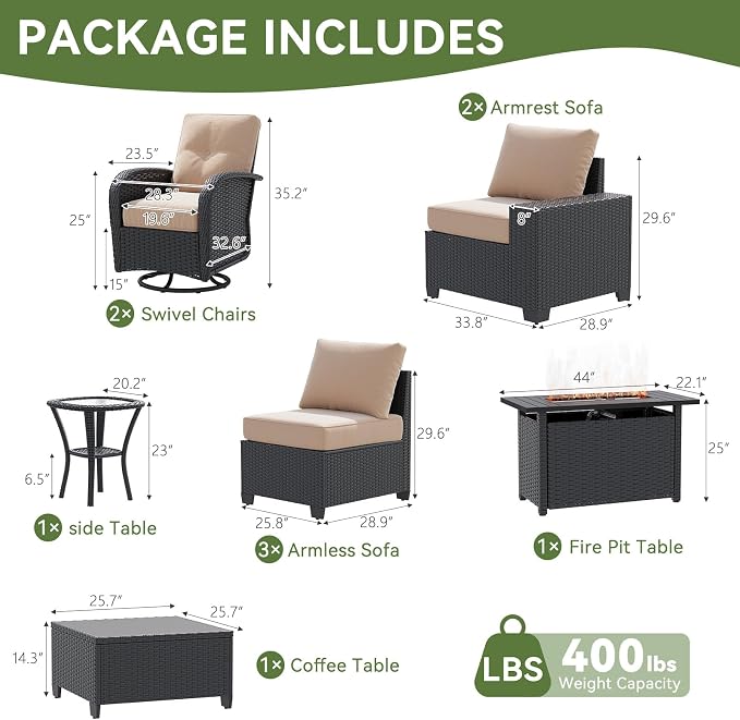 LazySunsets 10 PCS Patio Furniture Set with 44'' Fire Pit Table, Outdoor Sectional All-Weather Wicker Conversation Set with Swivel Rocker Chairs, 4'' Thick Cushions for Backyard Poolside(Cream/Black)