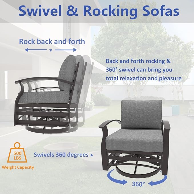 ALAULM Aluminum Patio Furniture Set with 40,000 BTU Round Propane Fire Pit Table 4-seat Metal Outdoor Furniture w/Swivel & Rocking Conversation Set for Patio, Lawn, Poolside（Grey