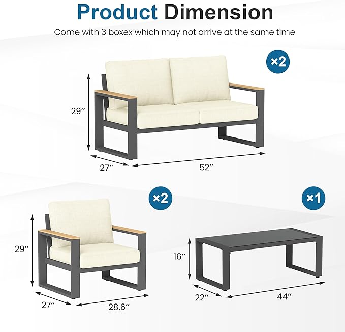 RoyalCraft Aluminum Patio Furniture, 6-Seats Metal Outdoor Furniture Set with Coffee Table, Modern Patio Sofa Sets Outdoor Conversation Set for Pool Garden Porch Backyard, Beige
