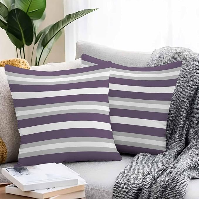 Throw Pillow Covers 16x16 Inch Set of 2, Purple Grey Stripe Waterproof Outdoor Pillow Covers, Minimalist Farmhouse Striped Decorative Cushion Pillowcases for Couch, Sofa, Bed, Garden, Patio