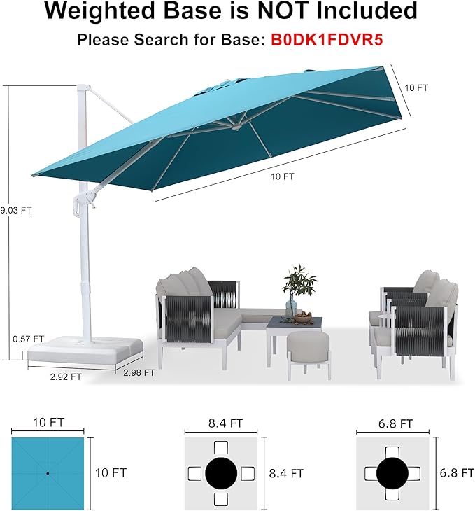 PURPLE LEAF 10 FT Patio Umbrella White Cantilever Umbrella Aluminum Square Outdoor Offset Umbrella Hanging Windproof with 360° Rotation for Garden Deck Pool, Turquoise