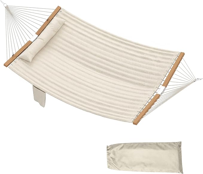 Outsunny Outdoor Hammock, 2-Person Hammock with Head Pillow and Pad, Wood Spreader Bars, 440 lbs Capacity, for Patio Yard Garden, 128" x 55", Cream White