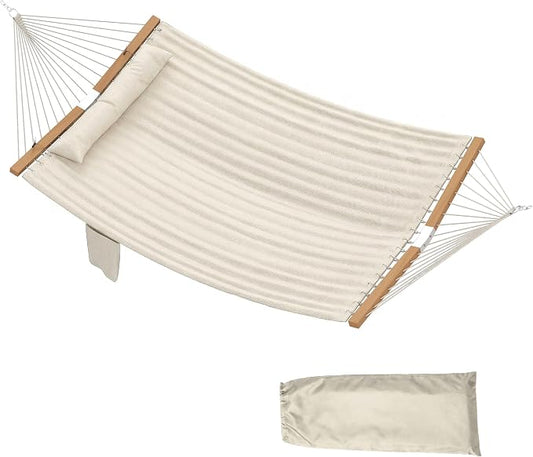 Outsunny Outdoor Hammock, 2-Person Hammock with Head Pillow and Pad, Wood Spreader Bars, 440 lbs Capacity, for Patio Yard Garden, 128" x 55", Cream White