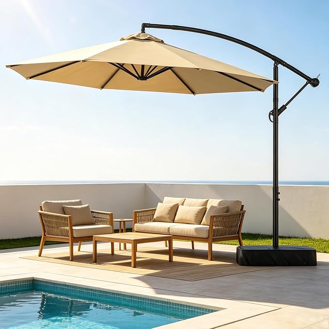 SUNYRISY 10ft Outdoor Patio Umbrella with Base Included, Large Cantilever Offset Umbrella with Sandbag Base Included for Deck, Pool, Porch, and Backyard Shade, Easy to Tilt and Crank