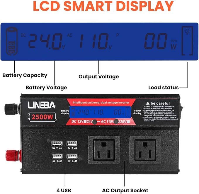 2500 Watt Power Inverter with LED Display,Dual AC Outlets,4 USB Port, 24V DC to 110V AC Converter Car Power Inverter for Car, RV, Truck, Off Grid Solar System, Camping