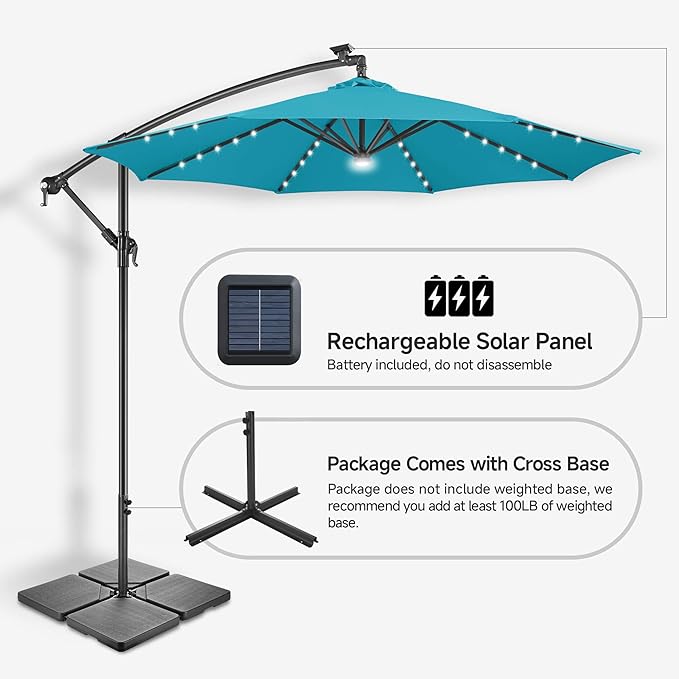 Solar Offset Patio Umbrella - 10 FT Solar Cantilever Umbrella Outdoor with 40 LED Lights and Cross Base, UV Protection for Garden, Deck, Backyard, Pool, Porch, Aqua Blue