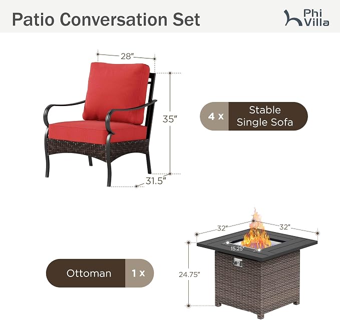Patio Furniture Set with 32" Fire Pit Table,Patio Conversation Sets 4 Fixed Chairs with Thick Cushion and 50000 BTU Fire Pit Table (5 Pieces,Red