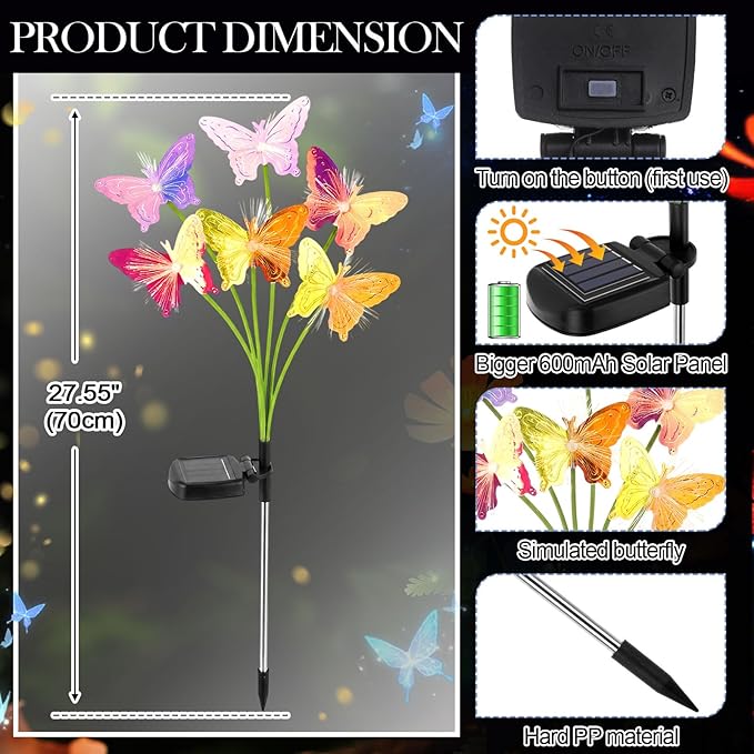 4 Pack Solar Butterfly Lights Outdoor Garden, 6 Head Solar Swaying Pathway Stake Lights Waterproof for Yard Lawn Patio Walkway Landscape Decor