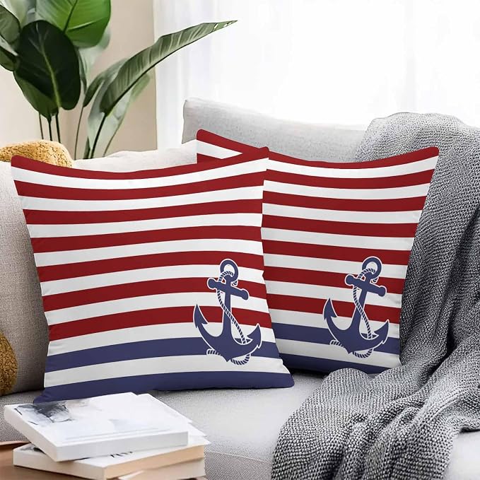 Throw Pillow Covers 24x24 Inch Set of 2, Anchor Red Waterproof Outdoor Cushion Covers, Modern Navy Blue White Striped Nautical Decorative Pillowcases for Couch, Sofa, Bed, Garden, Patio
