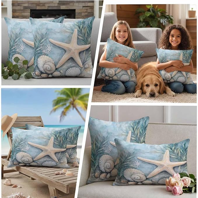 Ocean Coral Outdoor Waterproof Throw Pillow Covers Set of 2, 20"x20", Shell Starfish Plant Leaf Coastal Rustic Decorative Pillow Covers Outside Cushion Case for Patio Porch Garden