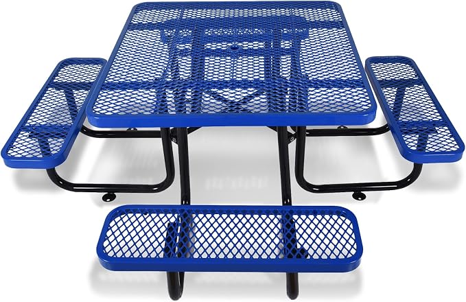 46" Square Metal Picnic Table for 4-8 Person, Durable Heavy Duty Commercial Picnic Table with Umbrella Hole for Outdoor Coffee Shop, School, Hospital, Easy to Install, Blue