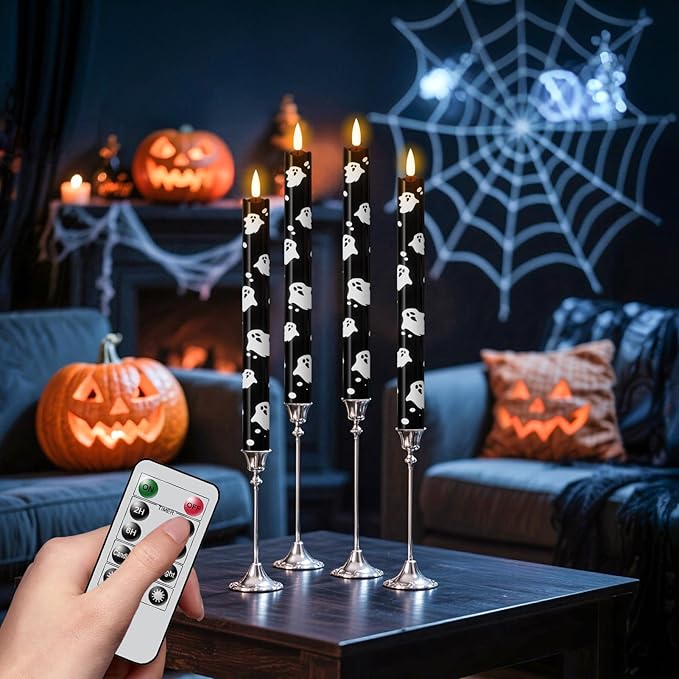 Eldnacele Flameless Flickering Taper Candles with Remote and Timer, Battery Operated Ghost Decal Real Wax Black LED Window Candles Set of 4 Fireplace Spooky Halloween Holiday Decor