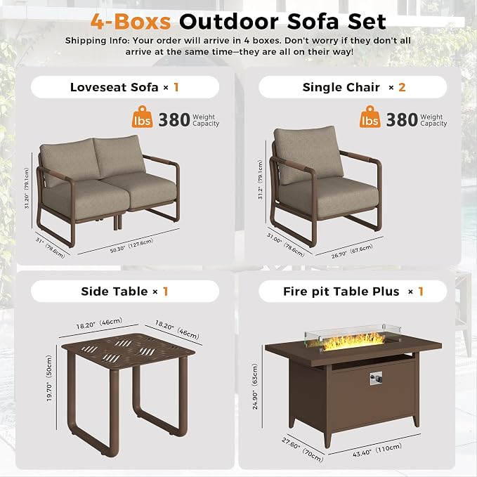 Outdoor Aluminum Patio Furniture Set with 43" Fire Pit Table,4-Seat Outdoor Conversation Set with 6.5" Thick Cushions & Coffee Table, All-Weather Patio Set for Backyard，Brown