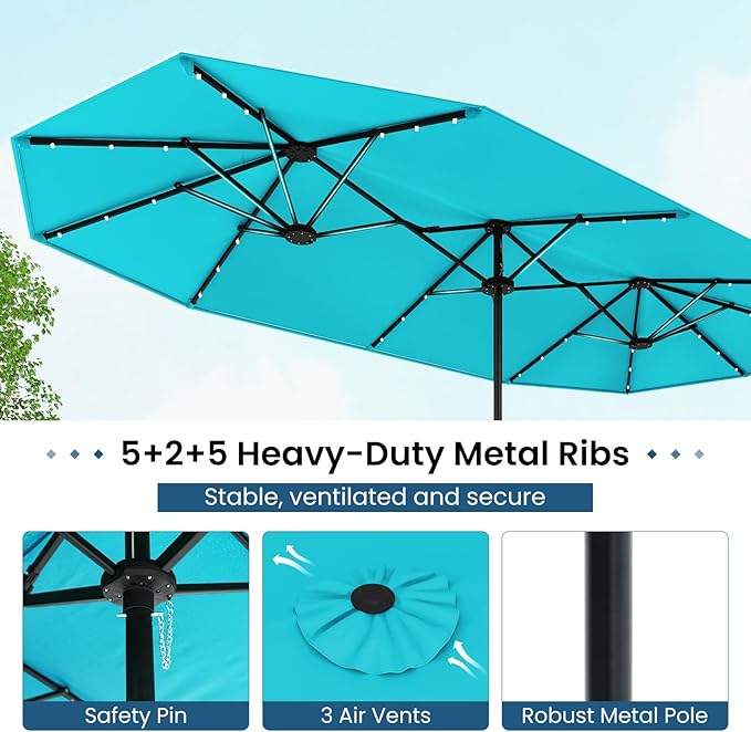 Tangkula 13FT Double-Sided Solar Patio Umbrella, Extra-Large Outdoor Twin Umbrella with 36 LED Lights, Vented Top, Crank Handle, 12 Ribs, Weighted Base Included for Backyard Poolside Deck (Turquoise)