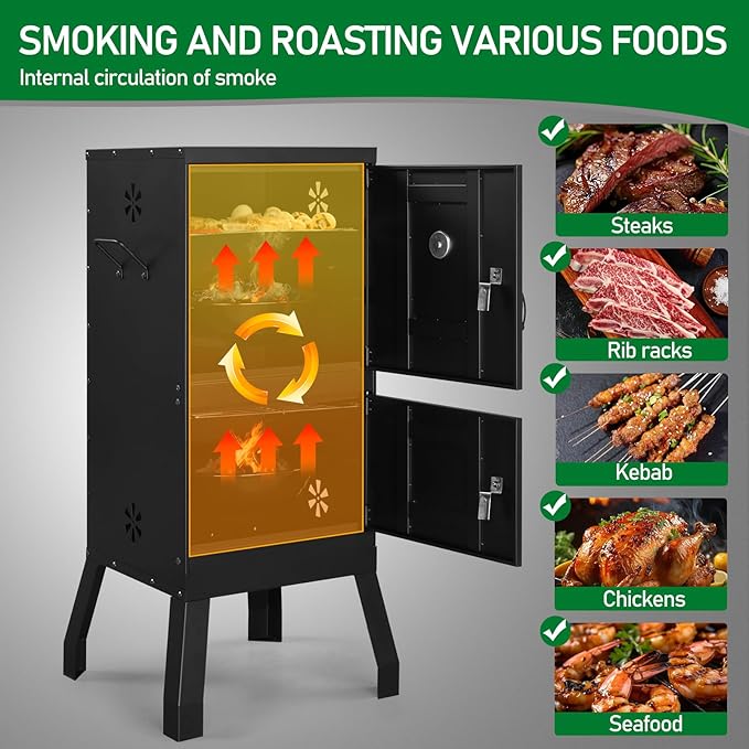 ROVSUN 2-in-1 Outdoor Smoker with Double Doors, Vertical Portable Charcoal Grill with Two Detachable Grill Smoking Racks and Charcoal Pan, Perfect for Camping Barbecue, Black