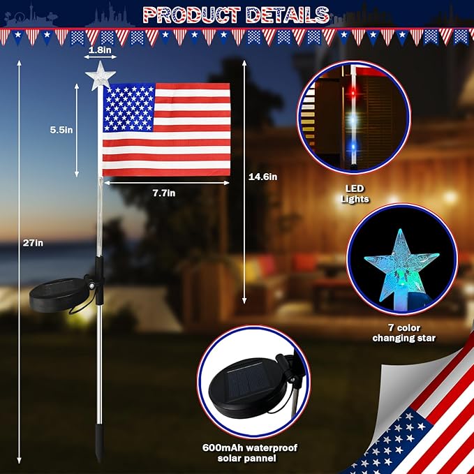 US Flag Solar Garden Lights, 7 Color Changing American Flag Light 4th of July Decorations Lights Patriotic Solar Lights Outdoor for Independence Day Memory Day Garden Yard - 4 Pack