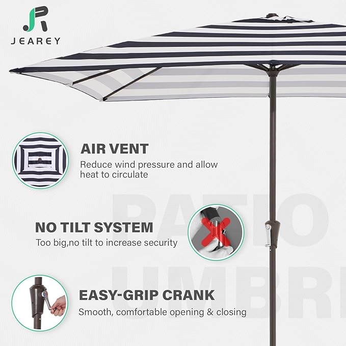 JEAREY 8x10 ft Rectangular Patio Umbrellas Outdoor Table Market Umbrella w/Crank, 8 Sturdy Ribs, UV Protection Windproof Sunproof for Garden, Deck, Backyard, Pool(Black Striped)