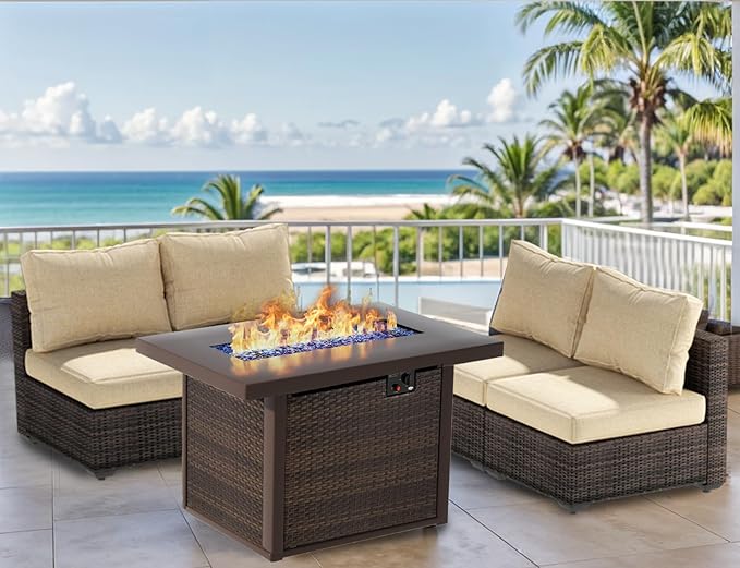 Grezone 5 Piece Patio Furniture Set with 44" Fire Pit Table, Outdoor Sectional Couch, PE Rattan Patio Conversation Sets with 4inch Cushions for Backyard Beige