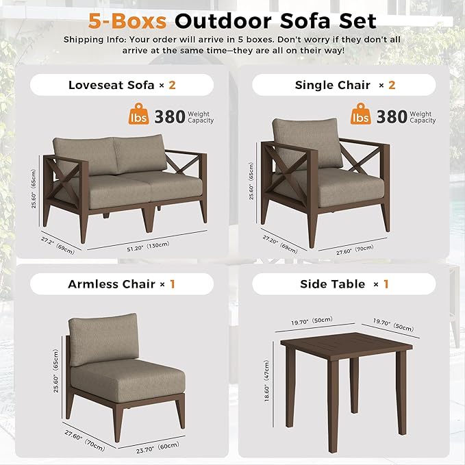 Aluminum Patio Furniture Set,7-Seats Patio Sectional Conversation Sofa with 5.2" All-Weather Cushions and Coffee Table,Outdoor Furniture Set for Deck, Porch, Garden (Brown)