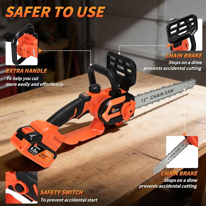 12-Inch Brushless Cordless Electric Chainsaw, Motosierra with 2 x 4.0Ah Batteries, Battery-Operated Chain Saw with 2 x Chain Guides, Handheld Battery Chain Saw for Wood Cutting& Tree Trimming